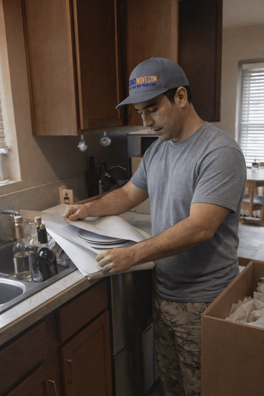 Professional mover carefully packing dishes with protective wrap